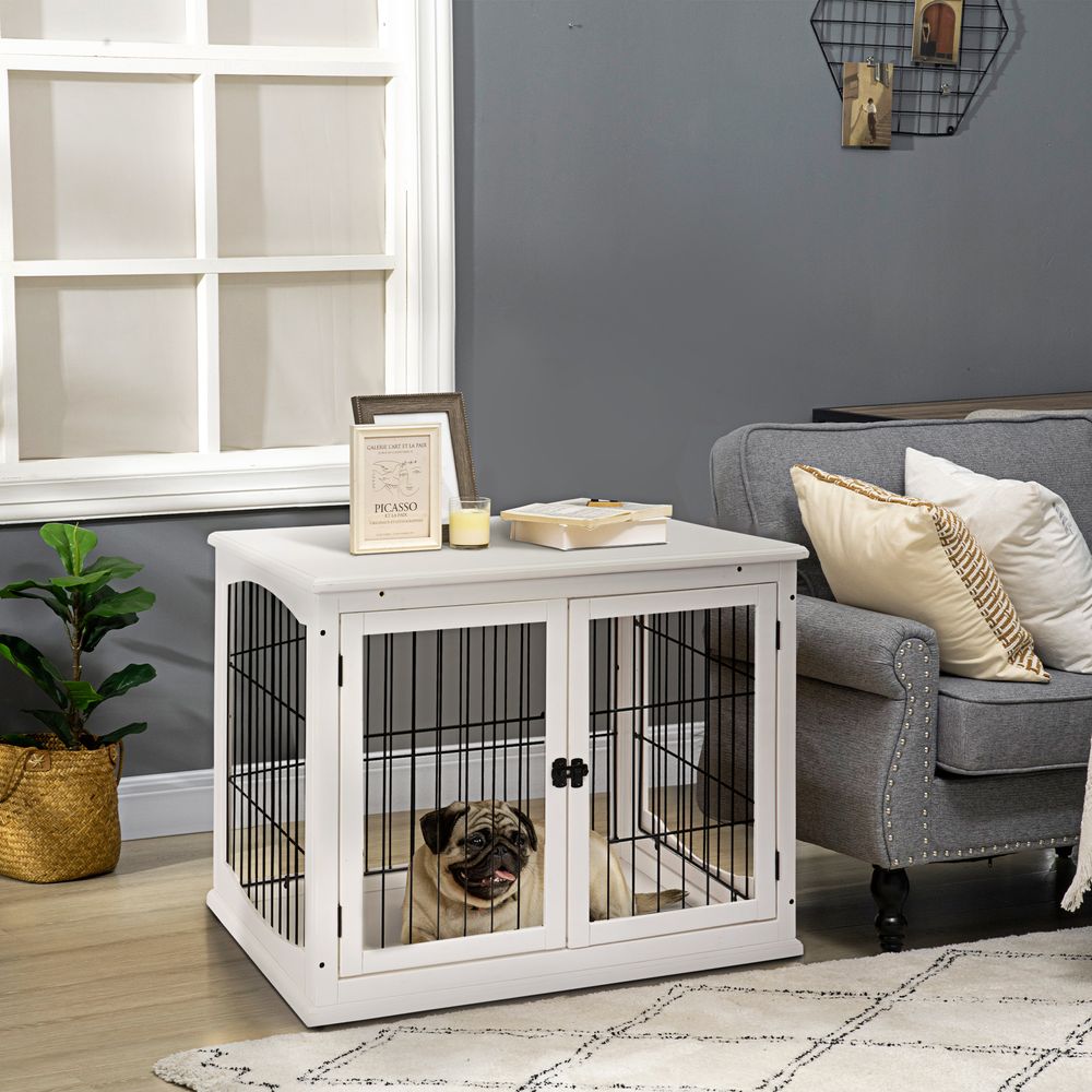 Niche meuble cage chien intérieur mdf métal 2 portes sécurisée 81cm blanc