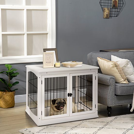 Niche meuble cage chien intérieur mdf métal 2 portes sécurisée 81cm blanc
