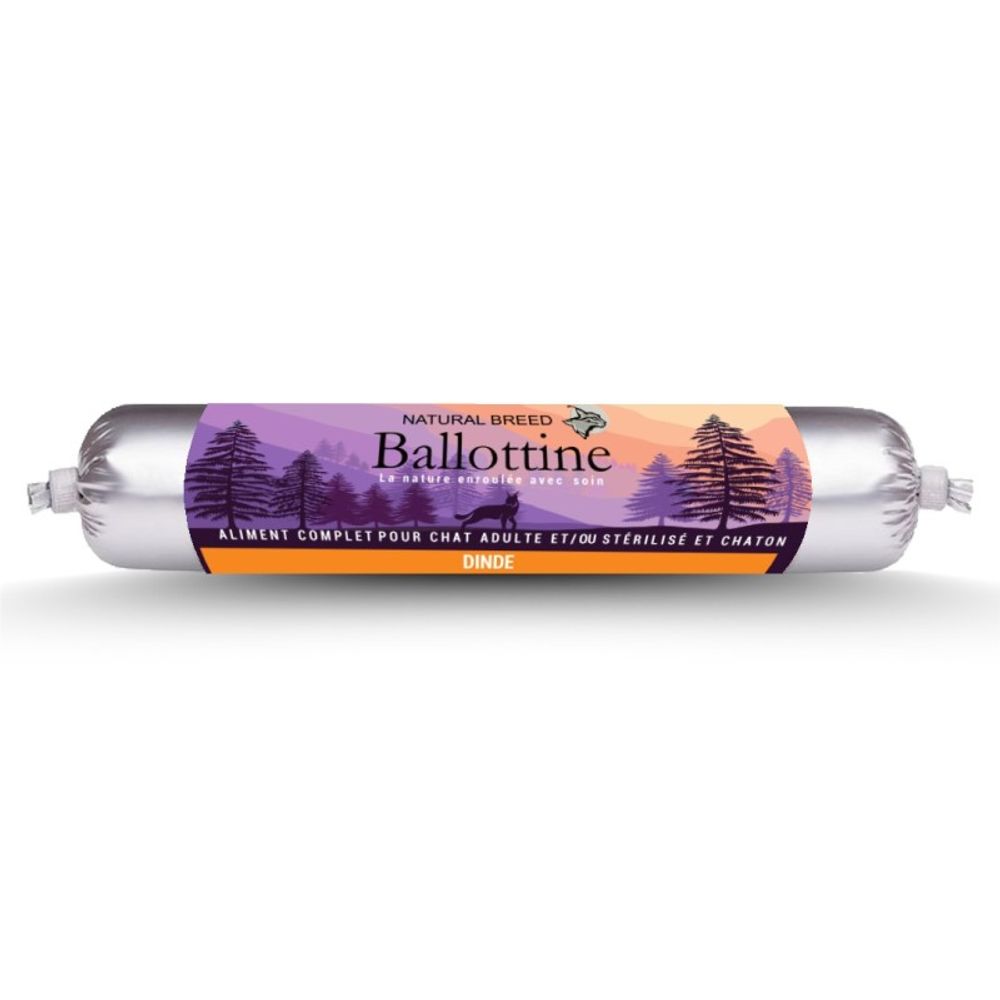Ballottine fraîche à la dinde – saucisse naturelle, repas humide complet pour chat et chaton – 12 x 100 g