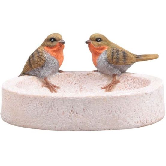 Bain oiseau en résine avec oiseaux 20 x 15 x 10.5 cm rouge gorge