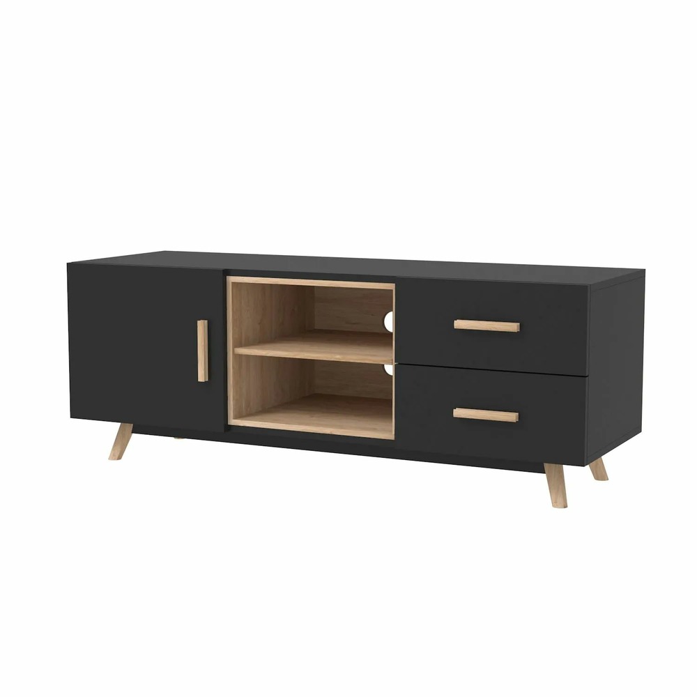 Senja - meuble tv 1 placard 2 tiroirs – design épuré et minimaliste – rangement optimal (étagères et compartiments) - noir