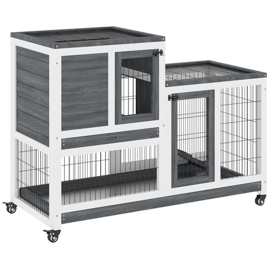 Clapier lapin intérieur bois gris roulettes bacs amovibles rampa 110x50x88cm