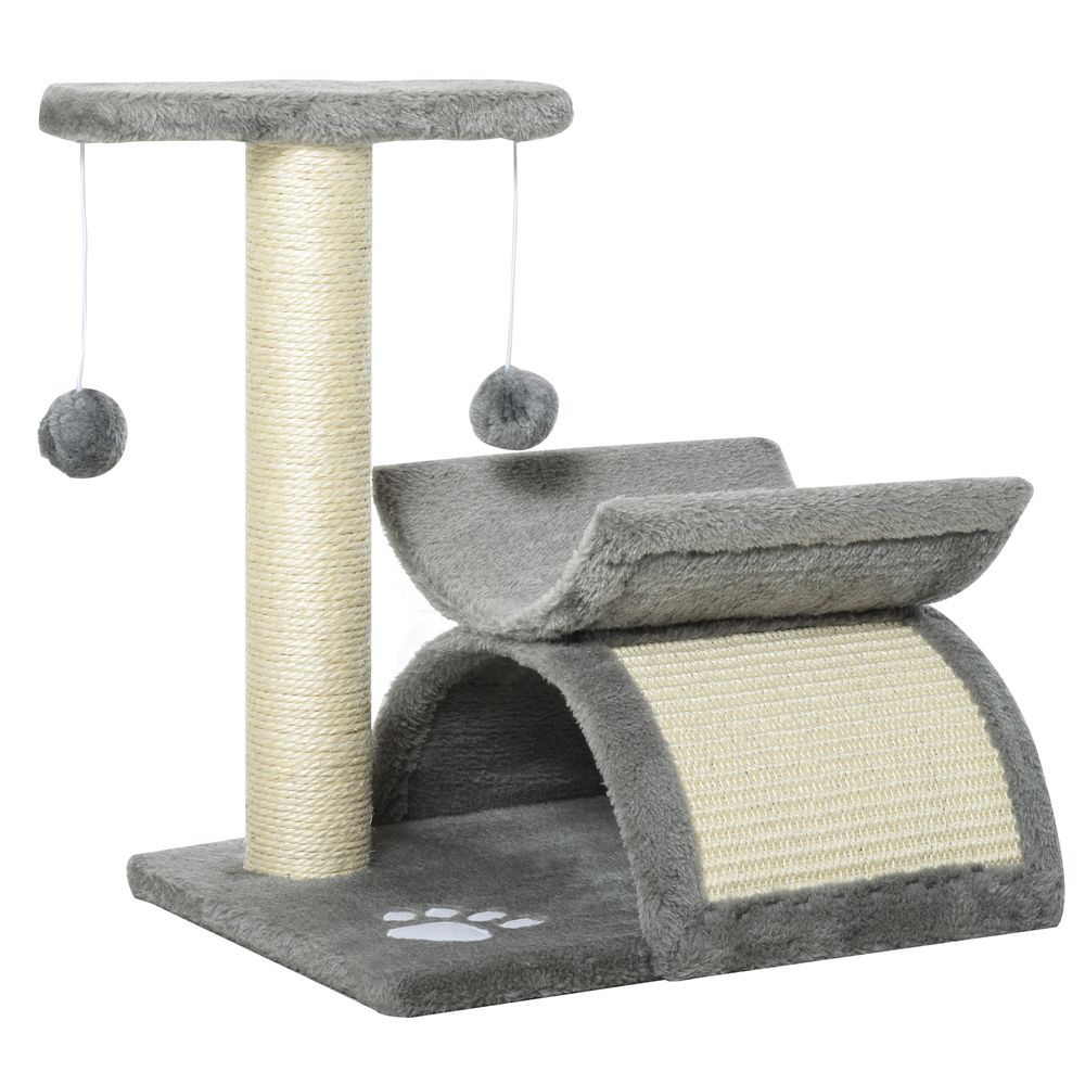 Petit arbre à chat avec tunnel en sisal pour chatons jeu et grattage 40x30x43cm gris
