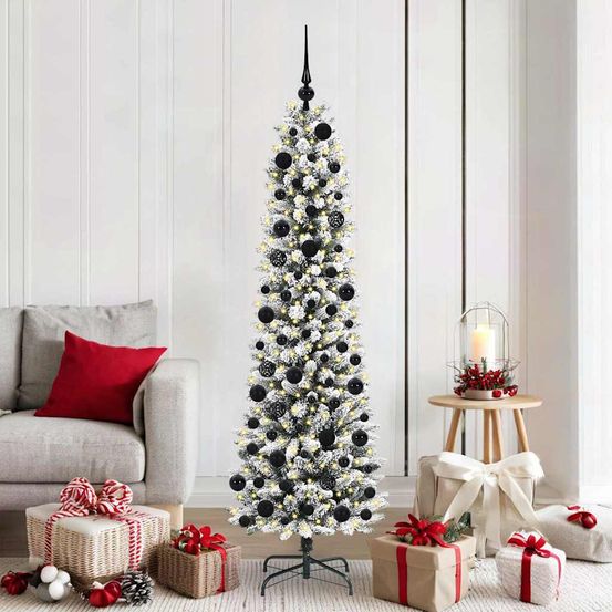 Sapin de noël lumineux 180 cm, forme conique vert et blanc, kit avec 300 led et décorations