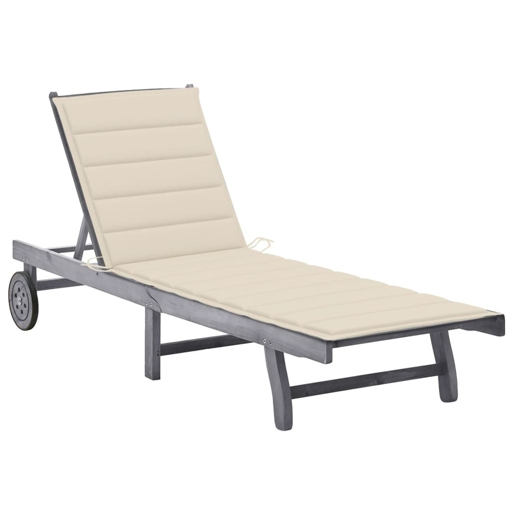 Transat chaise longue bain de soleil lit de jardin terrasse meuble d'extérieur avec coussin gris bois d'acacia solide 02_0012
