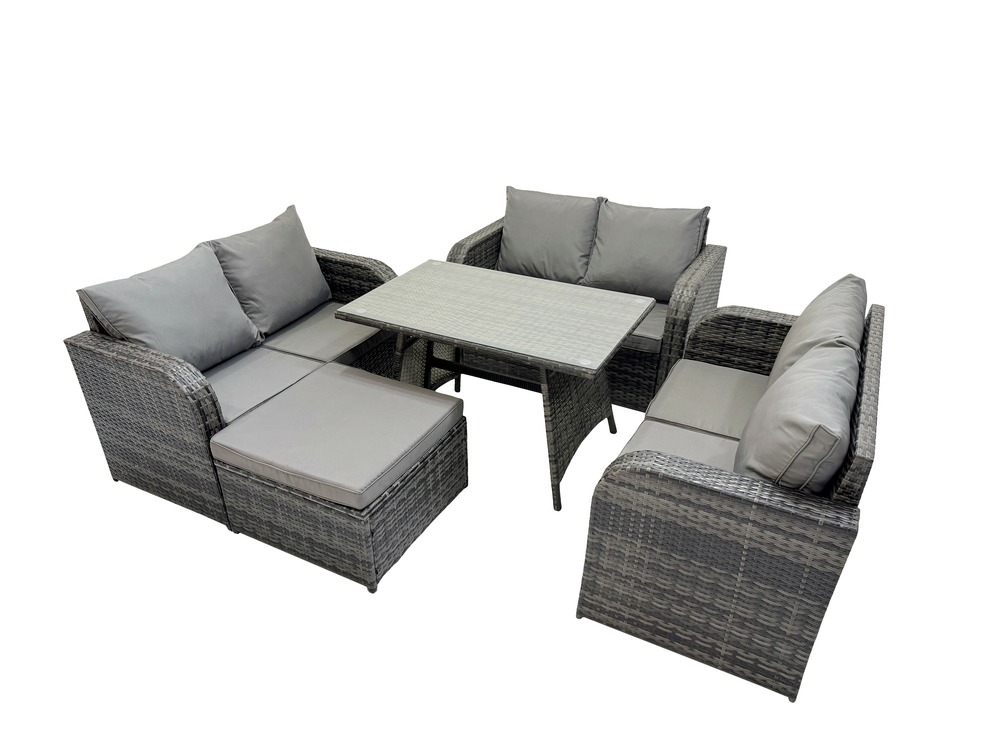 Salon de jardin 7 places avec canapé d'amour table à manger rectangulaire grand tabouret gris foncé mixte