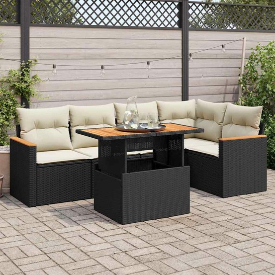 Salon de jardin 6 pcs avec coussins noir résine tressée acacia