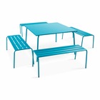 Ensemble table de jardin carrée et 4 bancs en métal bleu