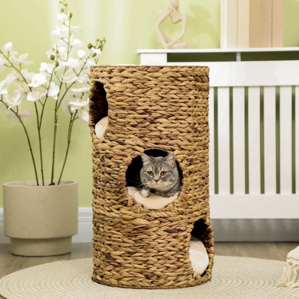 Tour pour chat 3 niveaux en fibres végétales tressées Ø40 x H73 cm brun crème avec niches et coussins amovibles