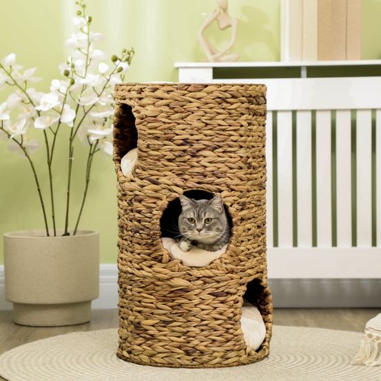 Tour pour chat 3 niveaux en fibres végétales tressées Ø40 x H73 cm brun crème avec niches et coussins amovibles