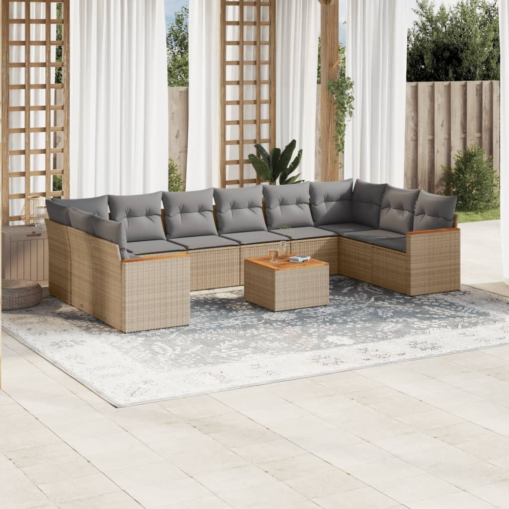 Salon de jardin et coussins 11 pcs mélange beige résine tressée