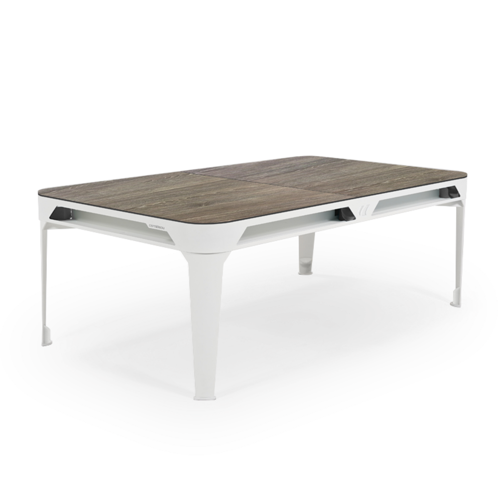 Billard d'extérieur convertible hyphen outdoor blanc / tapis gris foncé / réceptacles : blanc polaire / plateaux : décor bois