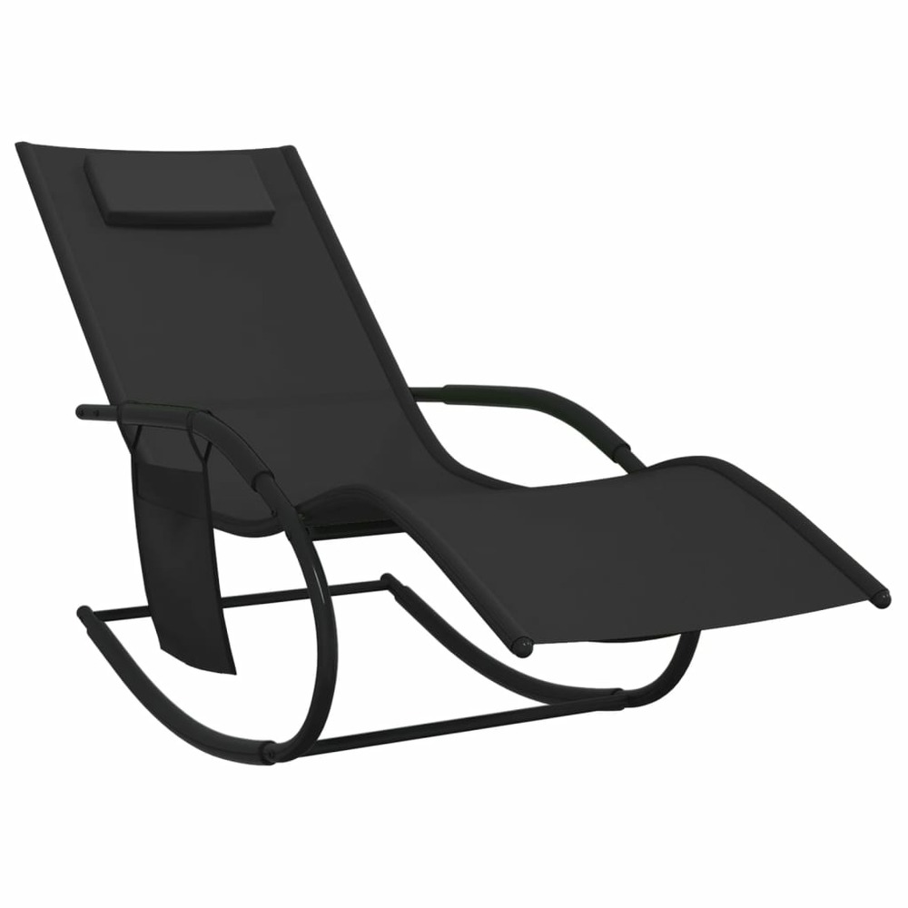 Transat chaise longue bain de soleil lit de jardin terrasse meuble d'extérieur à bascule noir acier et textilène