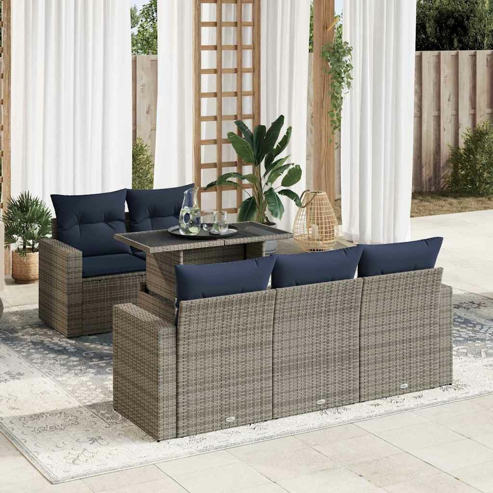 Salon de jardin avec coussins 6 pcs gris résine tressée acacia