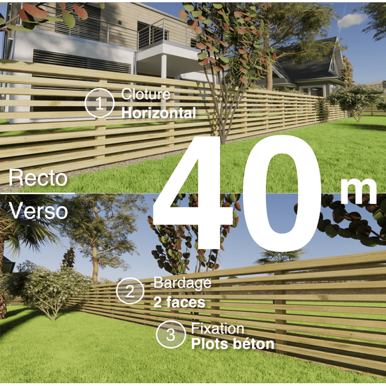 Kit clôture bois moderne 40m – h 0,9m – 45 x 45 mm autoclave – pose horizontal – double face – à sceller