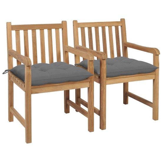 Chaises de jardin lot de 2 et coussins gris bois de teck massif