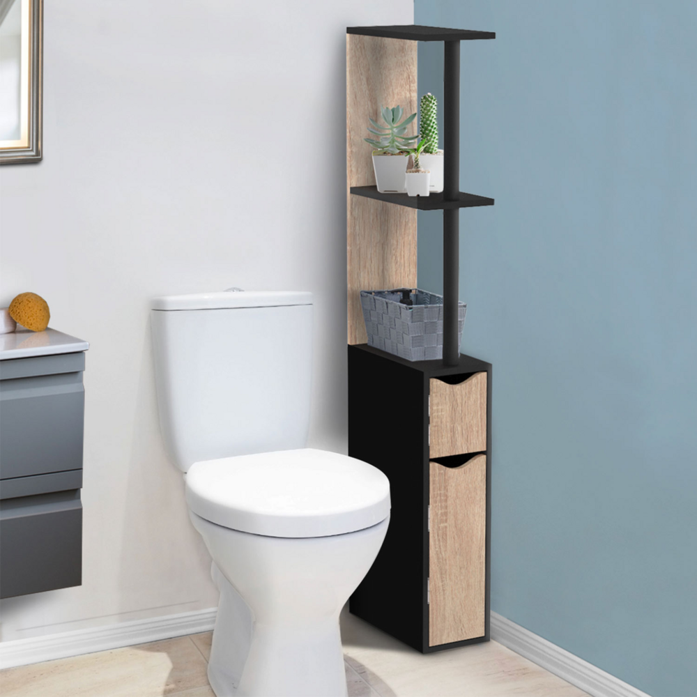 Meuble wc étagère willy bois 2 portes noir et hêtre