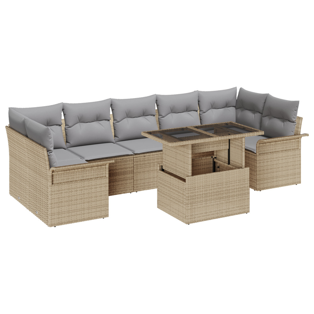 Ensemble de canapé de jardin 8 pièces avec coussins en poly rattan beige