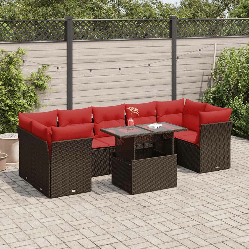 Salon de jardin 8pcs avec coussins marron résine tressée acacia