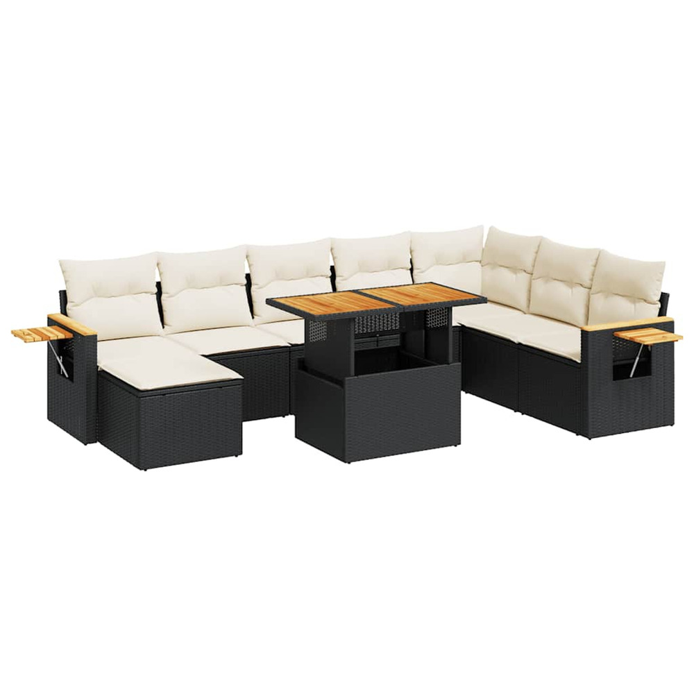 Salon de jardin avec coussins 9 pcs noir résine tressée acacia