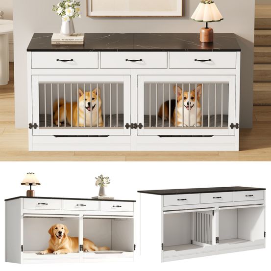 Cage pour 2 chiens bois métal 164 x 60 x 81 cm meuble blanc effet marbre noir