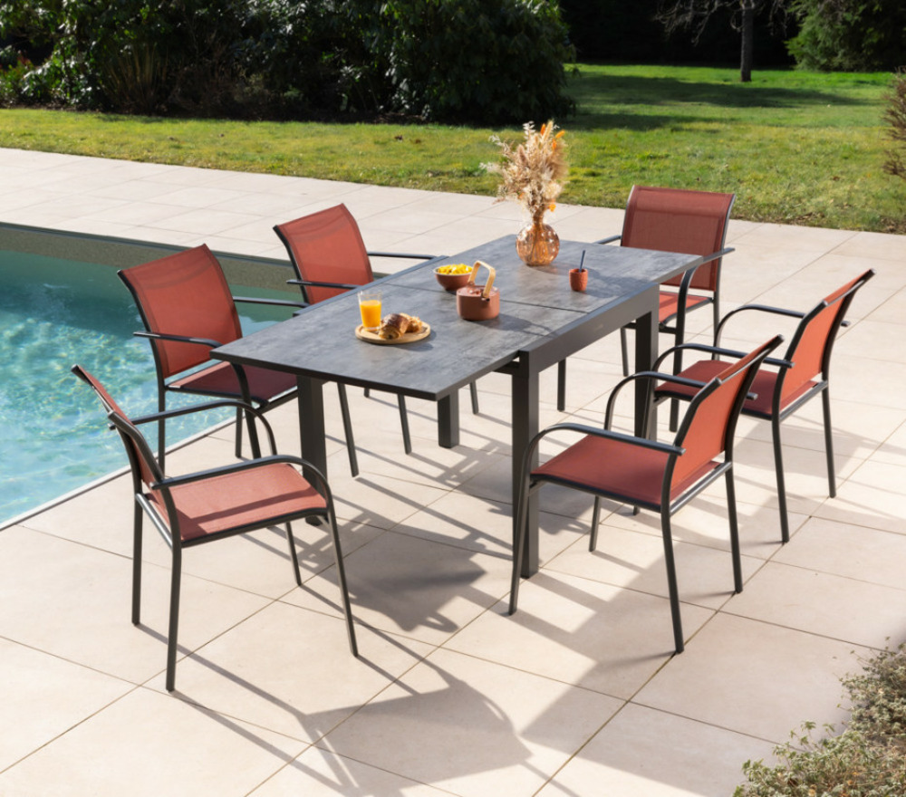 Ensemble table et chaises de jardin - 6 places - terracotta - honfleur beziers ardoise