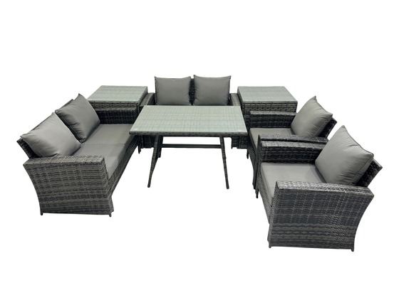 Salon de jardin avec table à manger rectangulaire canapé à deux places 2 tables d'appoint gris foncé mixte