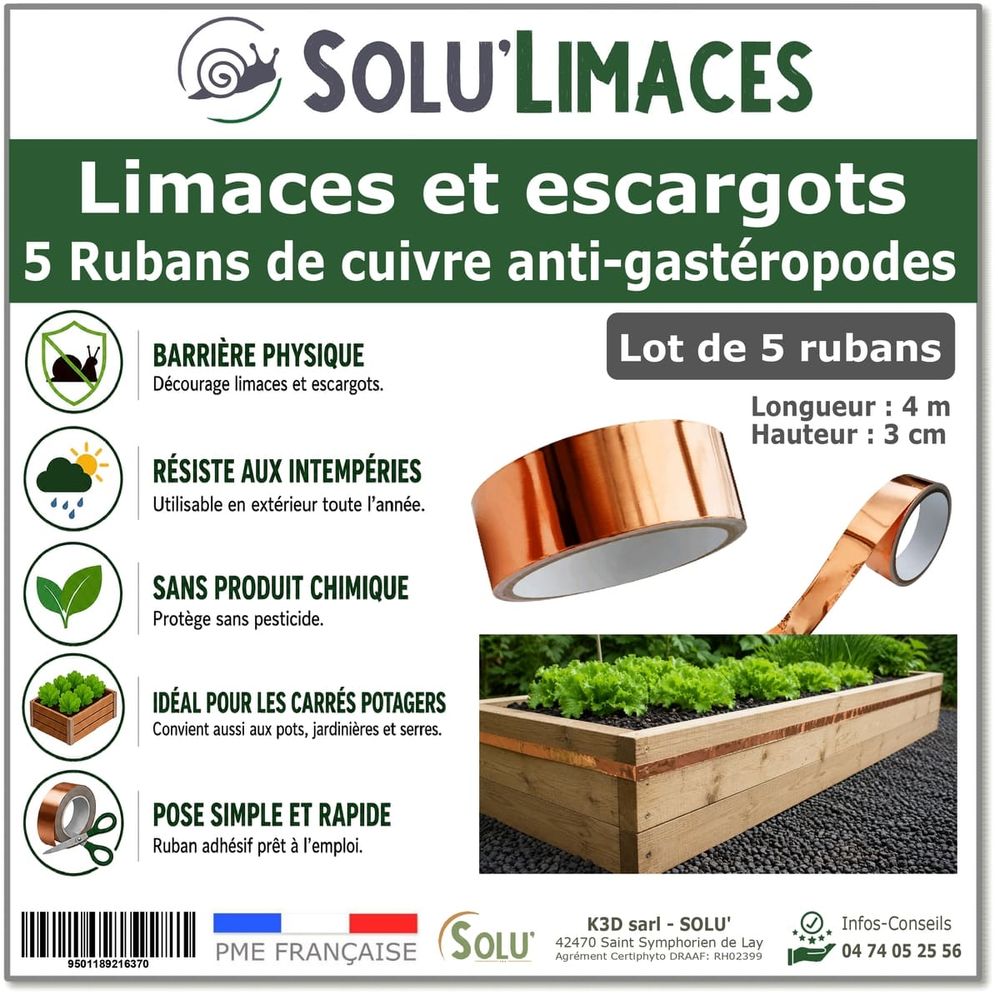 5 rubans de cuivre anti-limaces et escargots solu'limaces -barrière physique adhésive pour potager, jardinières, pots et bacs