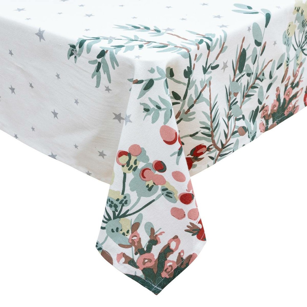 Nappe coton motif branches 140x360cm blanc