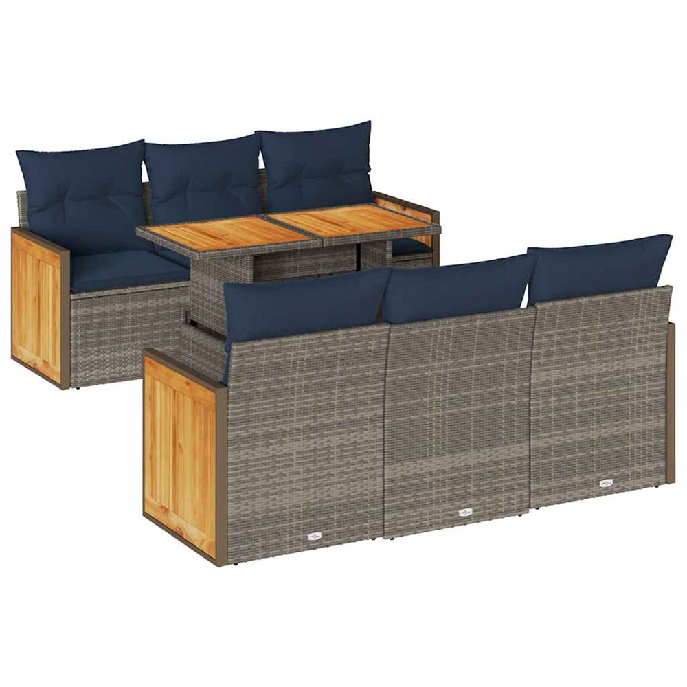 Salon de jardin avec coussins 7 pcs gris résine tressée acacia