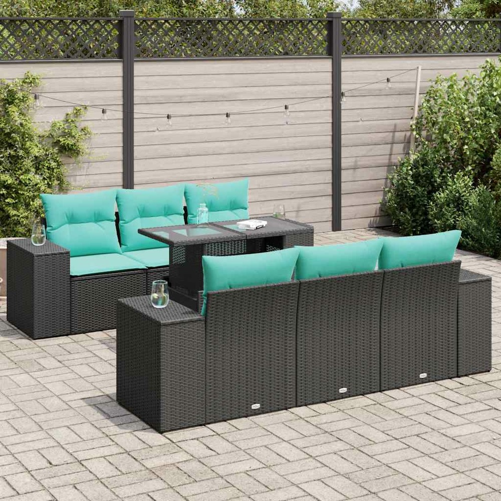 Salon de jardin avec coussins 7 pcs noir résine tressée acacia
