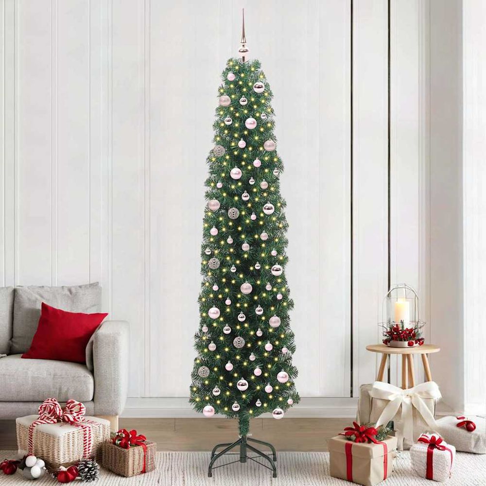 Sapin artificiel vert haut de 2.4m, tout inclus : 300 led blanc chaud, cime et 120 boules