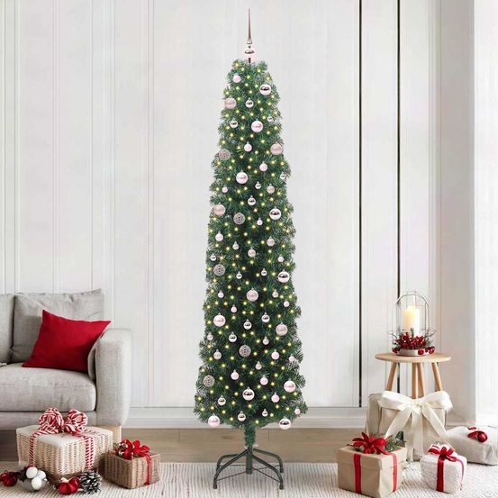 Sapin artificiel vert haut de 2.4m, tout inclus : 300 led blanc chaud, cime et 120 boules