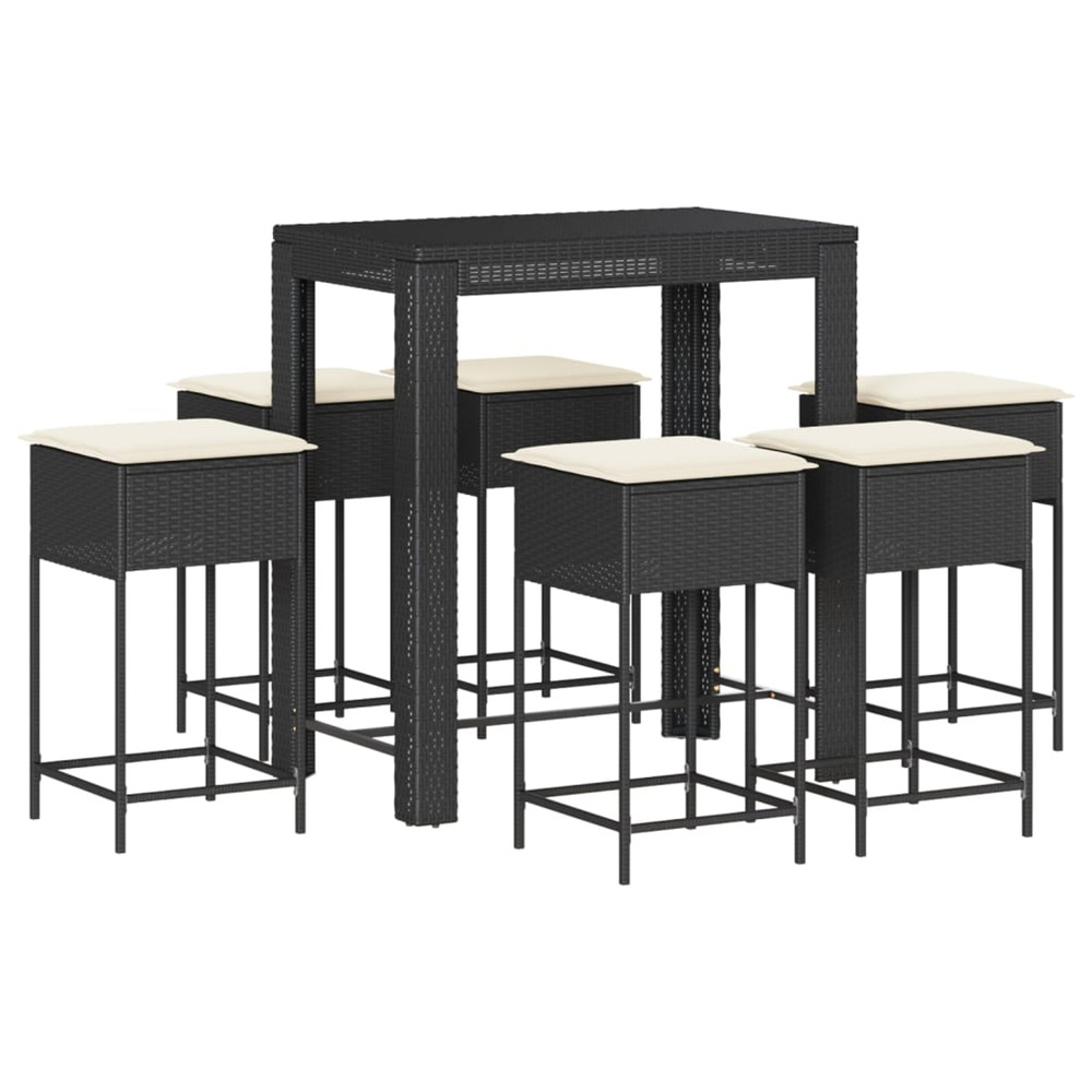 Ensemble de bar de jardin 7 pcs avec coussins noir poly rotin