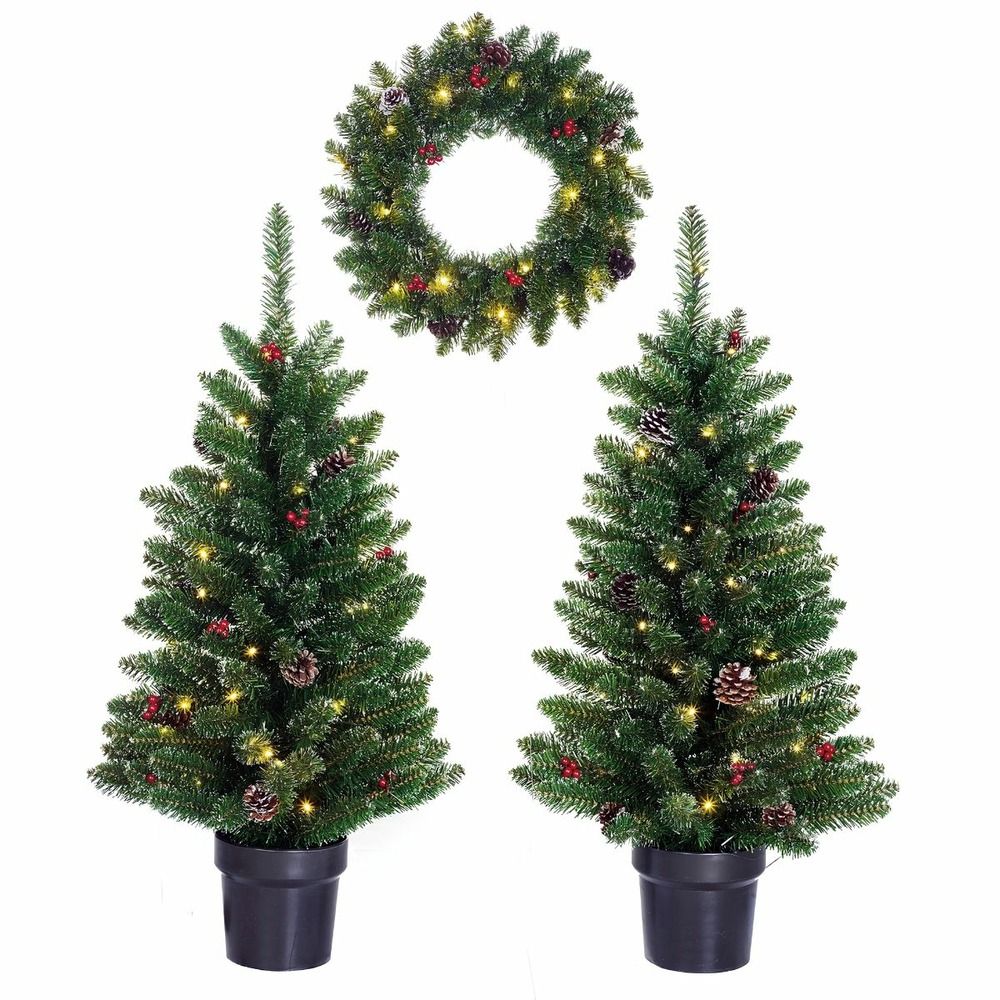 Black box trees ensemble sapin et couronne de noël creston - 2 sapins artificiels et 1 couronne avec éclairage led - vert