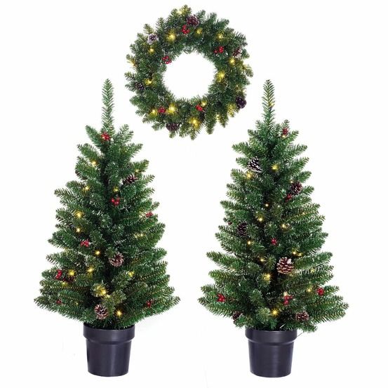 Black box trees ensemble sapin et couronne de noël creston - 2 sapins artificiels et 1 couronne avec éclairage led - vert