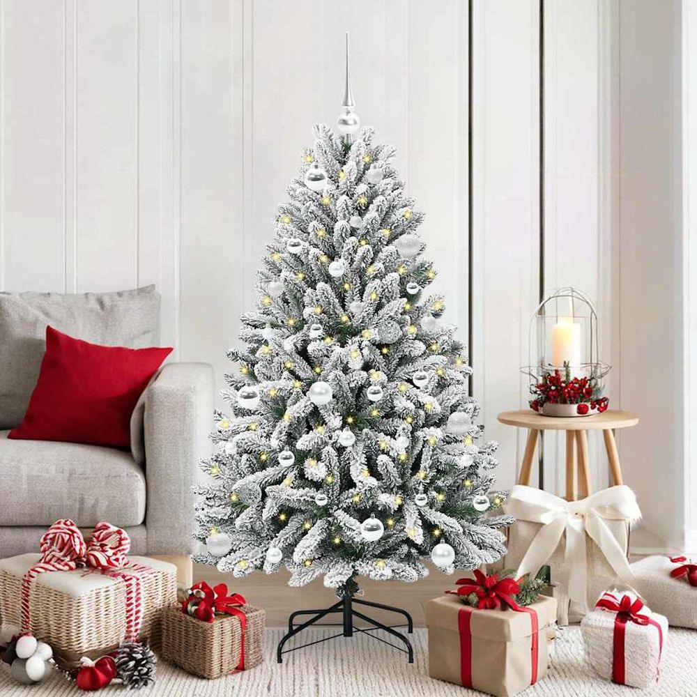 Arbre de noël artificiel lumineux 150 cm, finition enneigée, set complet avec boules de noël