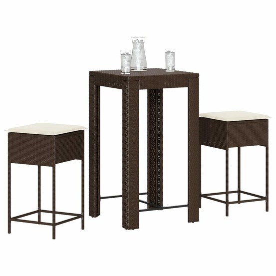 Ensemble de bar de jardin 3 pcs et coussins brun résine tressée
