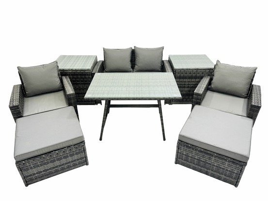 Ensemble de meubles de jardin avec table à manger rectangulaire fauteuil canapé 2 places 2 grand tabourets 2 tables d'appoint