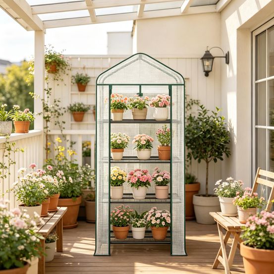Serre balcon acier pe pour tomates à roulettes avec 4 étagères 70x50x163cm blanc - comfortxl outdoor living