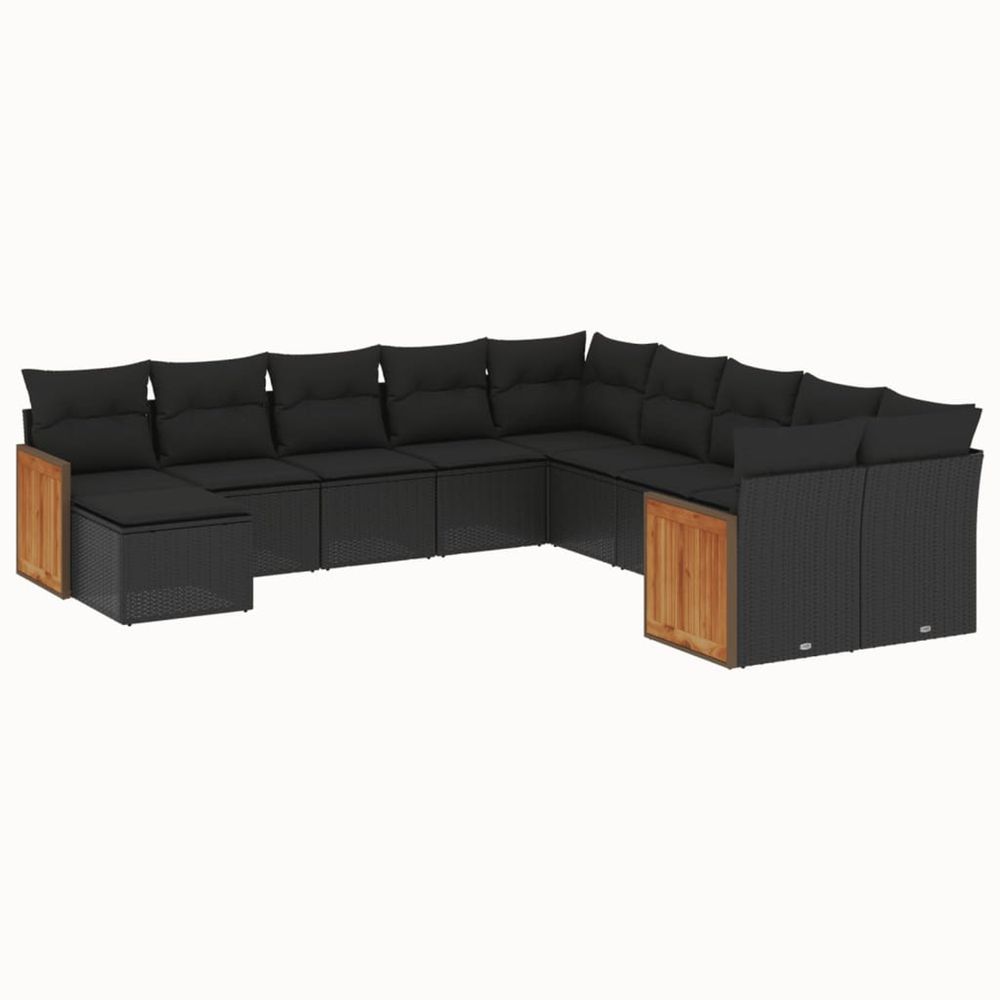Salon de jardin 11 pcs avec coussins noir résine tressée