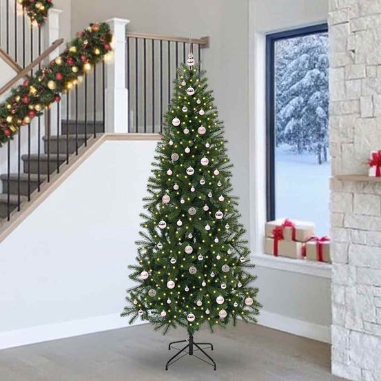 Sapin de noël artificiel ignifugé 240 cm avec lumières led et 120 boules