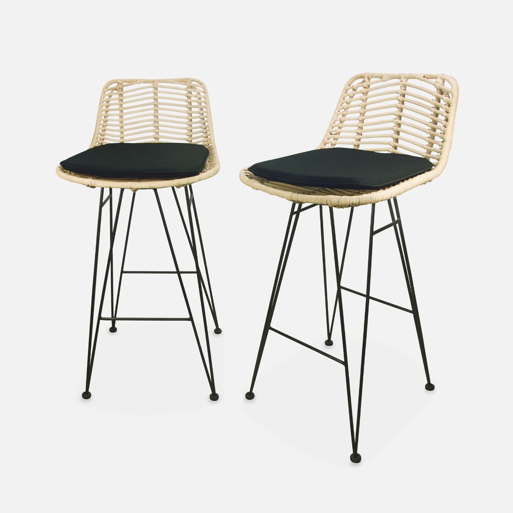 Lot de 2 tabourets de bar en rotin naturel et métal, coussins inclus - cahya