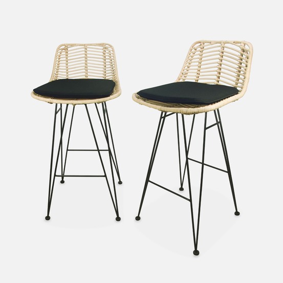Lot de 2 tabourets de bar en rotin naturel et métal, coussins inclus - cahya