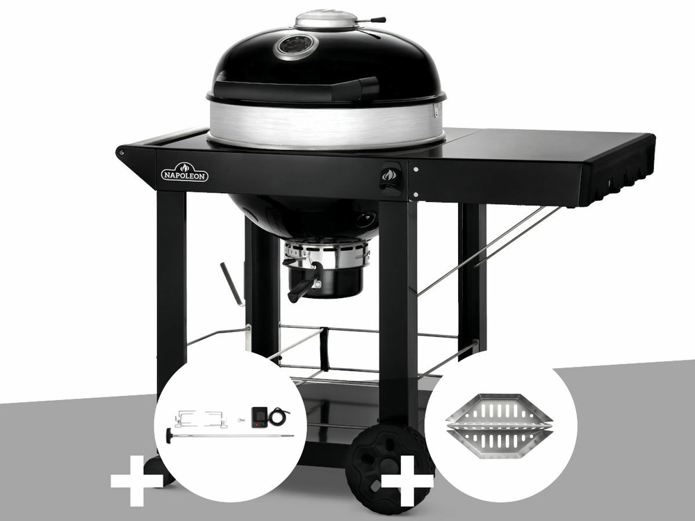 Barbecue à charbon kettle pro 57 cm sur chariot + rôtissoire + lot de 2 paniers