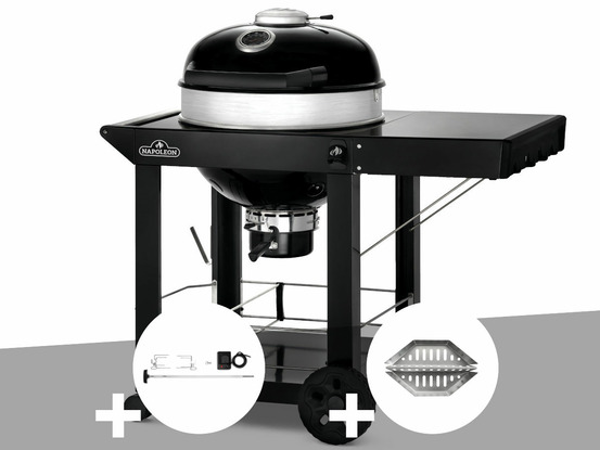 Barbecue à charbon kettle pro 57 cm sur chariot + rôtissoire + lot de 2 paniers