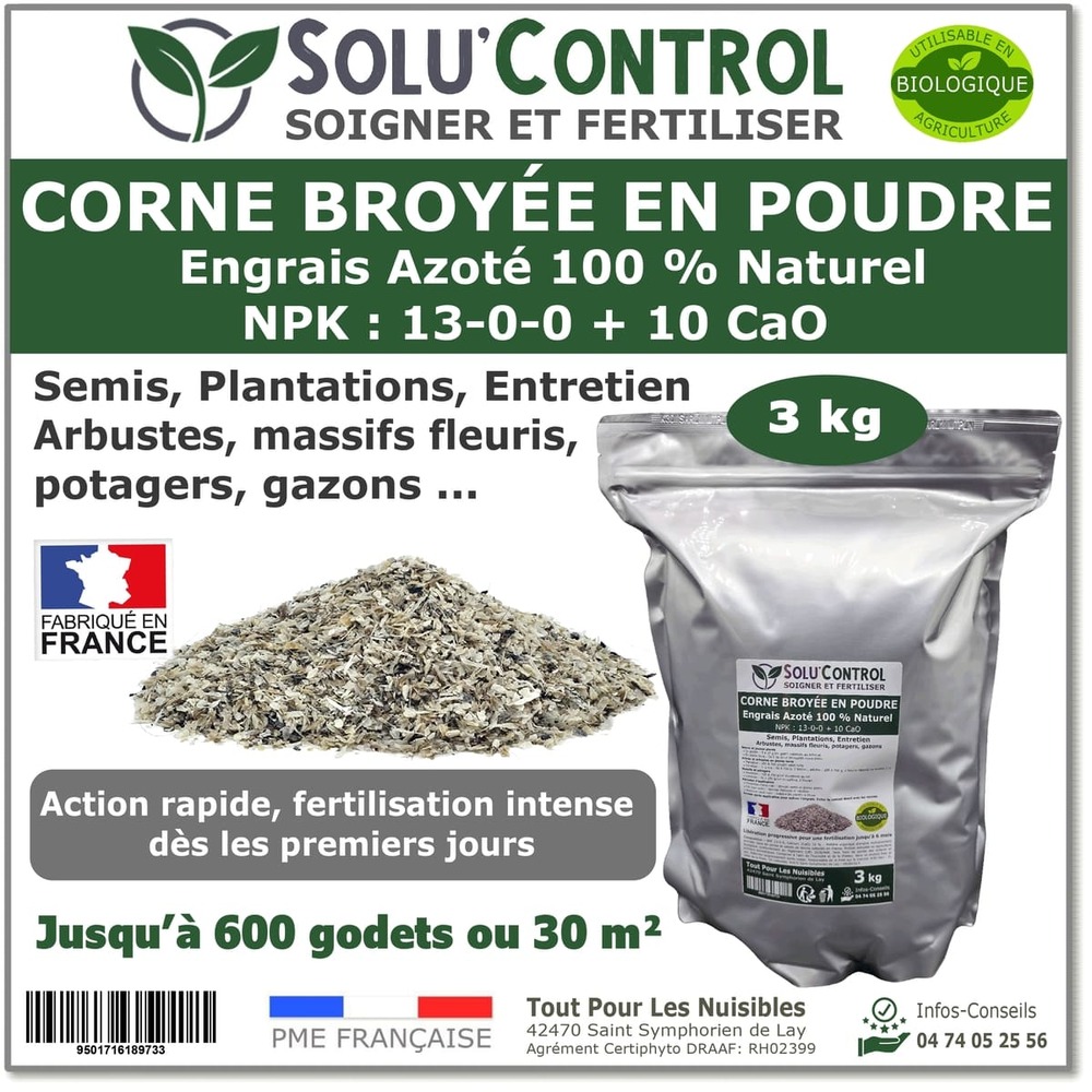 3 kg de corne broyée en poudre solucontrol - formulation haute qualité organo-minerale - engrais azoté 100% naturel