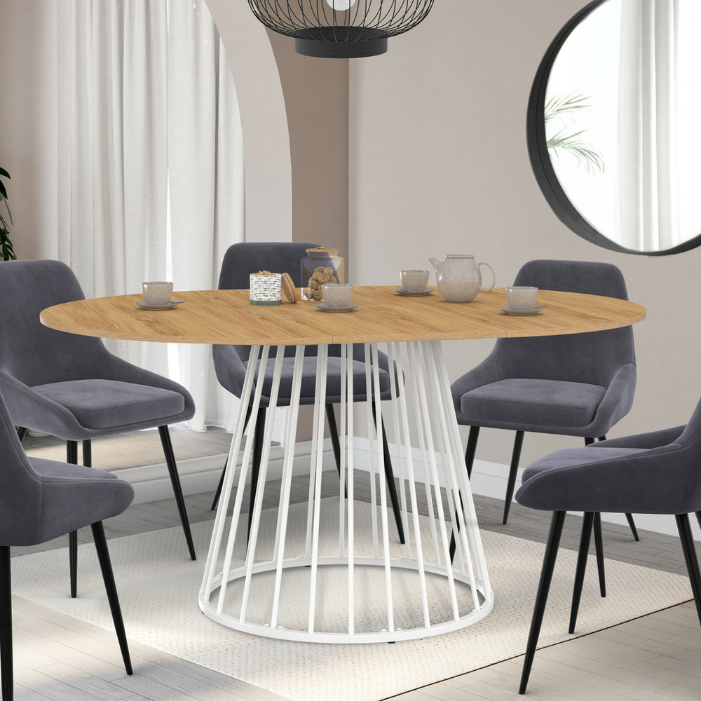 Table à manger extensible ronde yuna 4-8 personnes plateau bois et pied filaire en métal blanc 110 - 150 cm