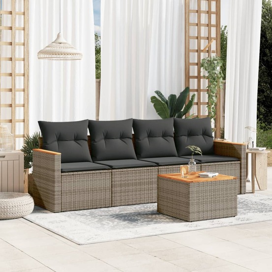Salon de jardin 5 pcs avec coussins gris résine tressée