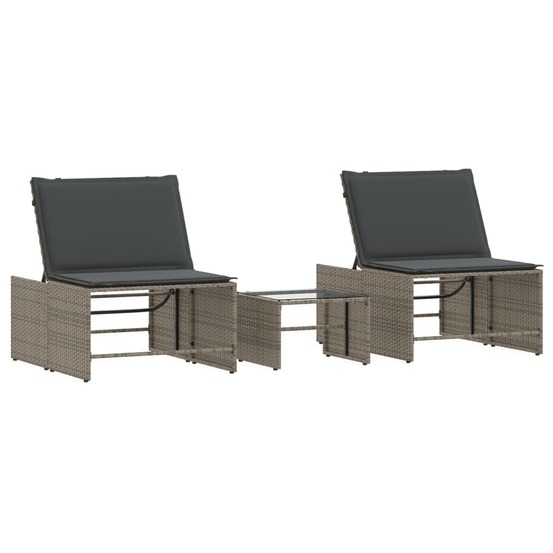 Chaises longues 2 pièces avec table en résine tressée grise
